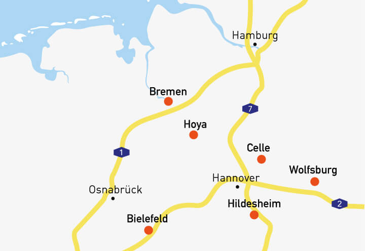 RTH Standortkarte: Bremen, Hoya, Celle, Wolfsburg, Hildesheim, Bielefeld